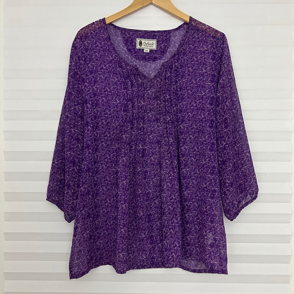 Outback Trading Co Purple Floral Anna Blouse Pintuck V-Neck 3/4 Sleeve‎ XL Sheer